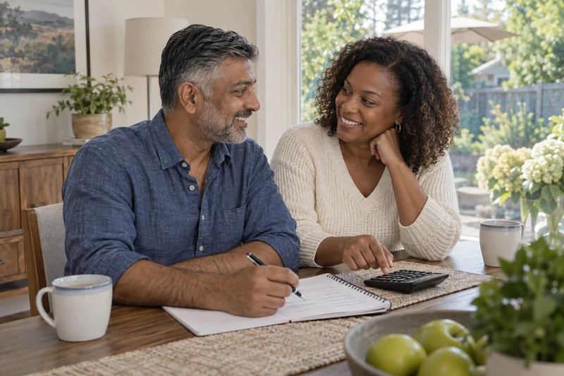 Smiling couple reviewing a household repayment plan with a notebook and calculator