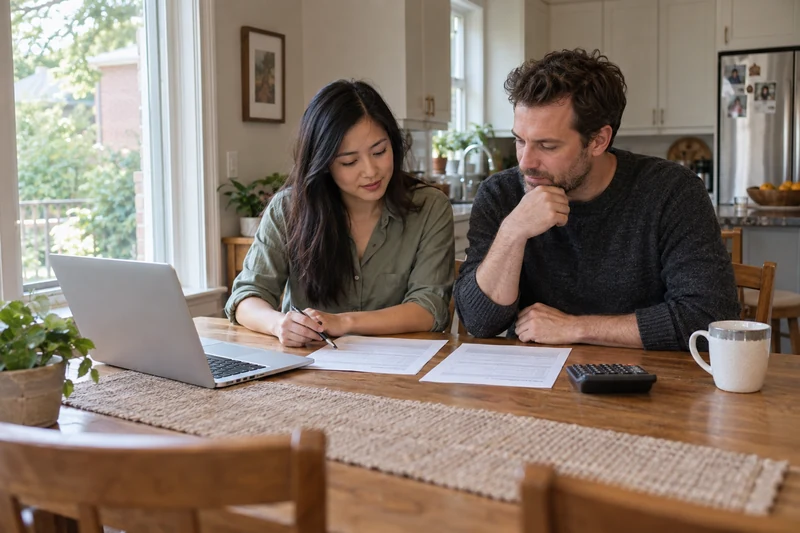 Couple reviewing household paperwork with a laptop and calculator at home