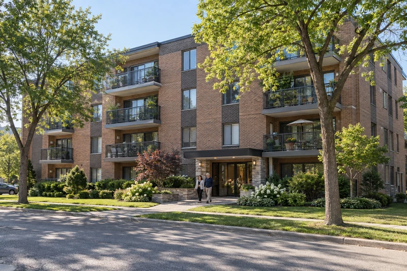 Landscaped low-rise brick apartment building with balconies and residents near the entrance