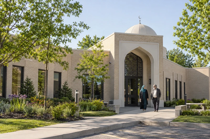 Contemporary brick mosque with a landscaped entrance and two community members outside